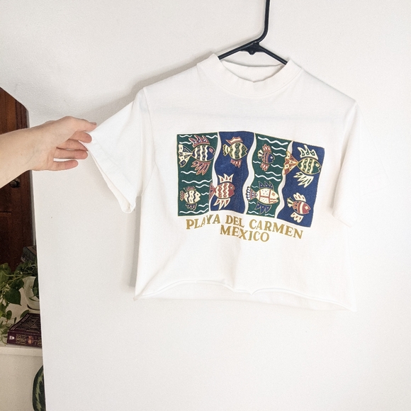 Vintage 90s Fish Folk Art Playa Del Carmen Mexico Cropped Tee - Picture 4 of 10